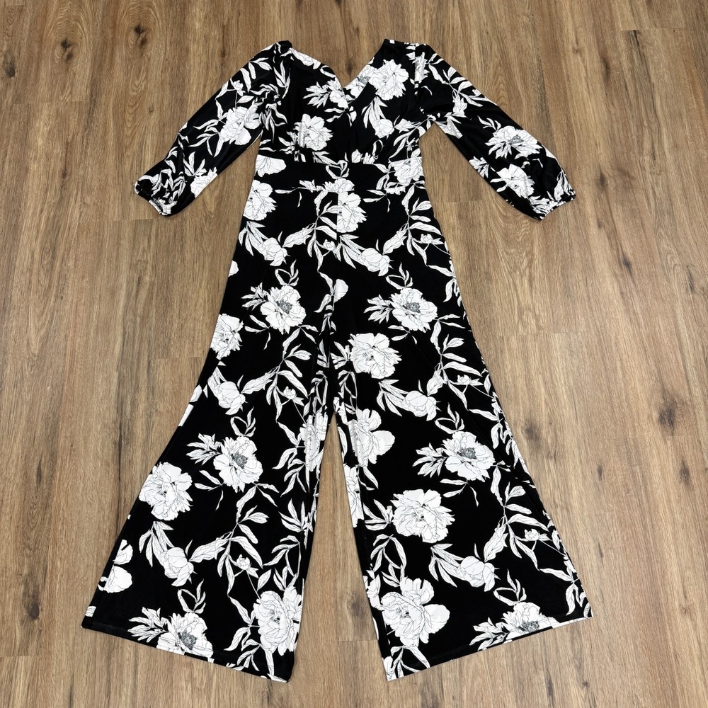 Soft Surroundings Jumpsuit Women Small Black White Floral Wide Leg Tropical